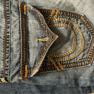 True Religion Blue and Yellow Straight Jeans with Signature Stitching